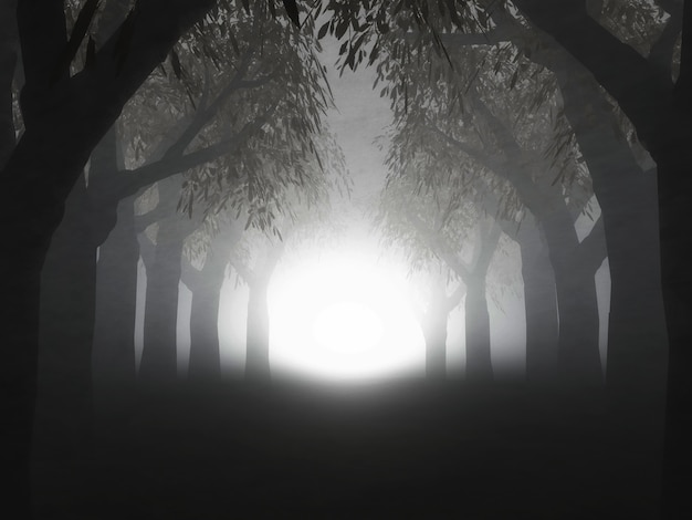 Foto grátis renderização 3d de uma paisagem de uma floresta nebulosa