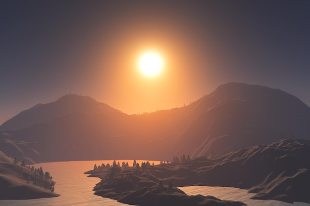 Renderização 3D de uma paisagem do pôr do sol com montanhas, riachos e lago