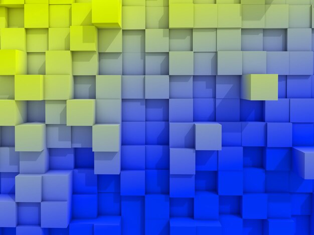 Renderização 3D de uma parede de cubos de extrusão nas cores da bandeira da Ucrânia