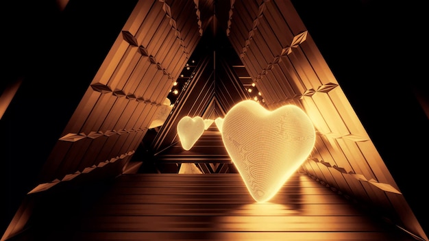 Renderização 3D de uma sala futurista com luzes douradas e formas de coração
