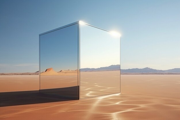 Renderização 3D do cubo de espelho no deserto