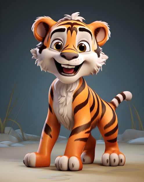 Renderização 3D do jovem tigre de desenho animado