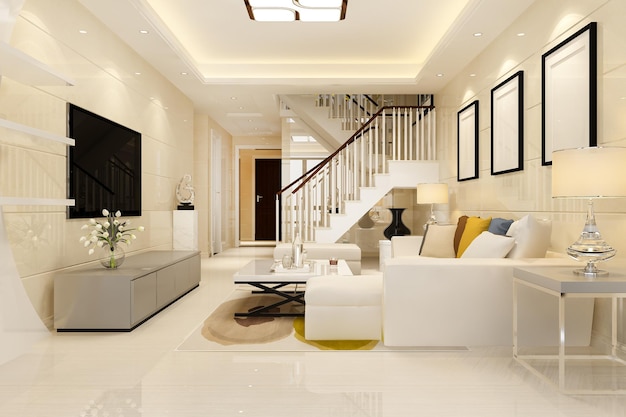 Renderização 3d, madeira branca, sala de estar, perto, quarto, upstair