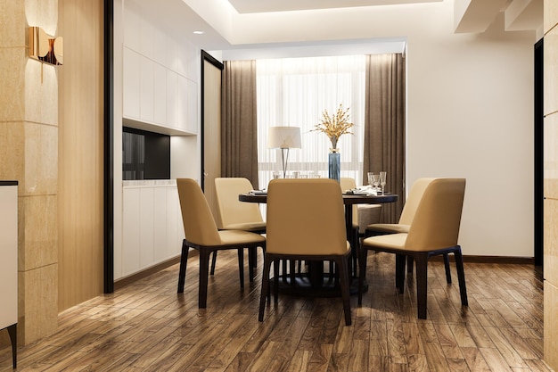 Renderização 3D moderna sala de jantar e sala de estar com decoração de luxo
