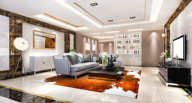Renderização 3D moderna sala de jantar e sala de estar com decoração luxuosa