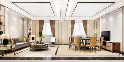Foto grátis renderização 3d moderna sala de jantar e sala de estar com decoração luxuosa