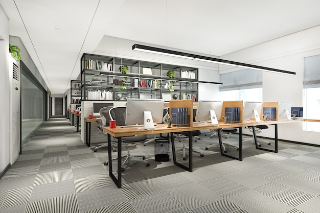 Renderização 3D, reunião de negócios e sala de trabalho em prédio de escritórios