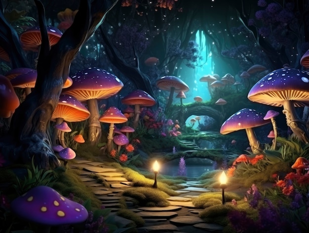 Renderização da floresta de cogumelos de fantasia de desenho animado