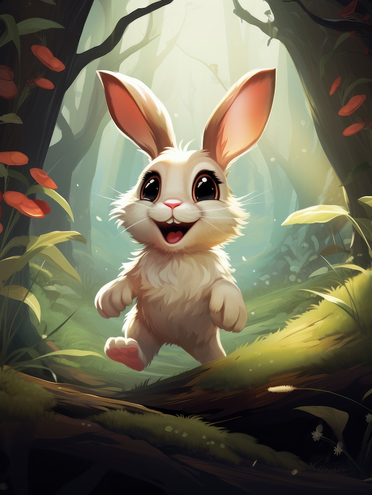 Foto grátis renderização de cena de fantasia de desenho animado com coelho