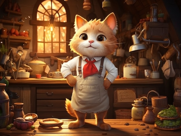 Renderização de cena de fantasia de desenho animado com gato