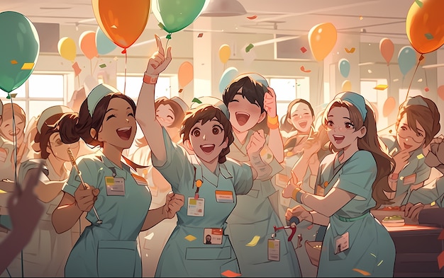 Renderização de médicos de anime fazendo uma festa