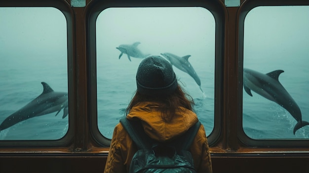 Renderização de pessoas observando golfinhos.