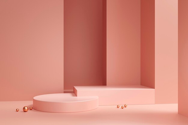 Renderização em 3D de fundo de pedestal de exibição de produto mínimo vazio de pódio de ouro rosa