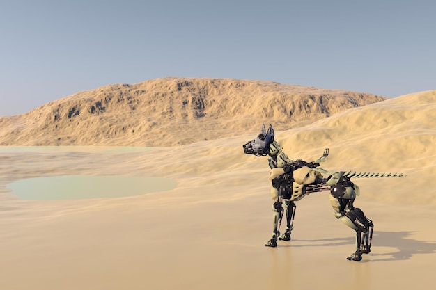 Renderização em 3d de um robô parecido com um cachorro em um deserto arenoso contra o céu claro