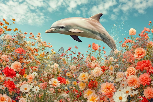 Renderização surreal de golfinho entre flores.