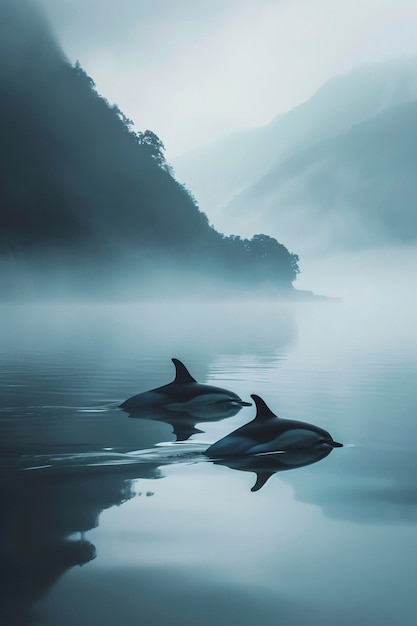 Renderização surreal de golfinhos na água.