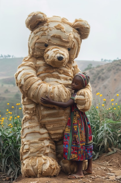 Foto grátis renderização surreal de uma criança pulando com um brinquedo de pelúcia gigante