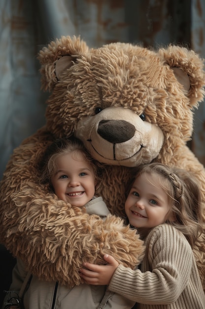 Foto grátis renderização surreal de uma criança pulando com um brinquedo de pelúcia gigante