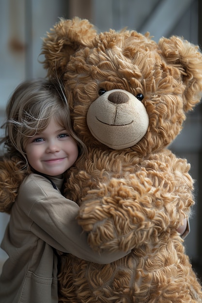 Foto grátis renderização surreal de uma criança pulando com um brinquedo de pelúcia gigante