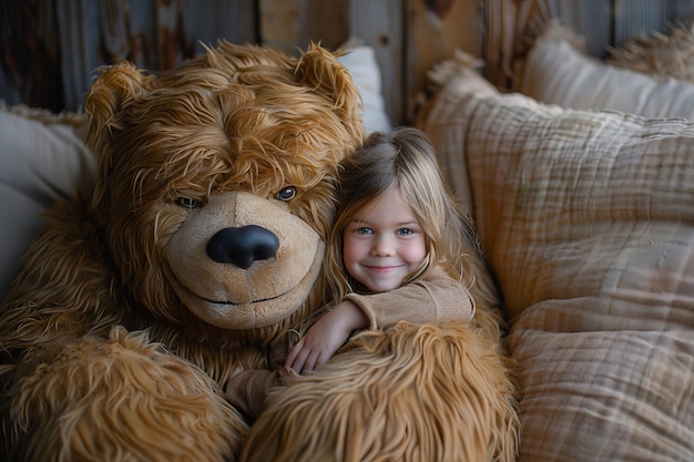 Foto grátis renderização surreal de uma criança pulando com um brinquedo de pelúcia gigante