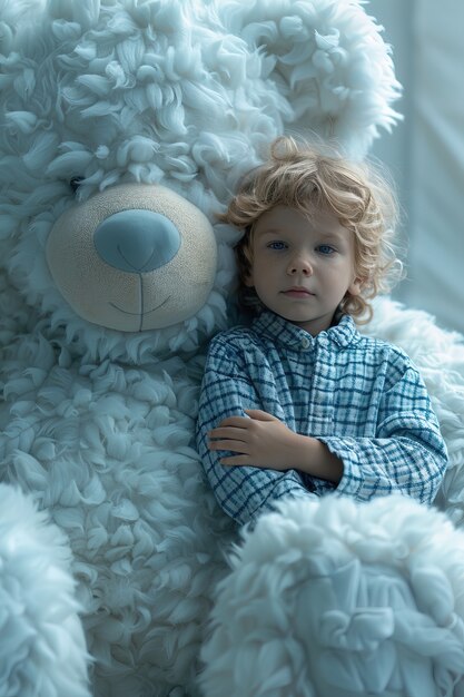 Renderização surreal de uma criança pulando com um brinquedo de pelúcia gigante