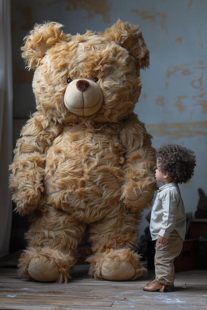 Renderização surreal de uma criança pulando com um brinquedo de pelúcia gigante