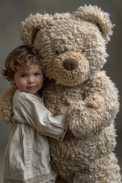 Foto grátis renderização surreal de uma criança pulando com um brinquedo de pelúcia gigante