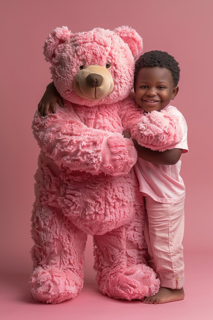 Foto grátis renderização surreal de uma criança pulando com um brinquedo de pelúcia gigante