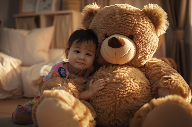 Renderização surreal de uma criança pulando com um brinquedo de pelúcia gigante