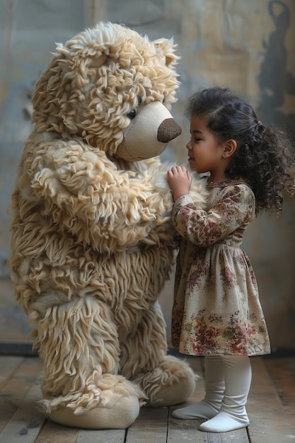 Foto grátis renderização surreal de uma criança pulando com um brinquedo de pelúcia gigante