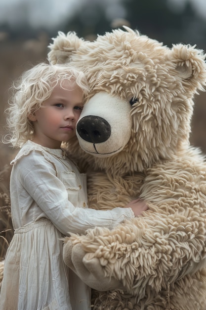 Renderização surreal de uma criança pulando com um brinquedo de pelúcia gigante