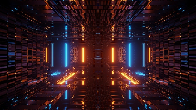 Renderizando um fundo futurista abstrato com luzes brilhantes de néon azul e laranja