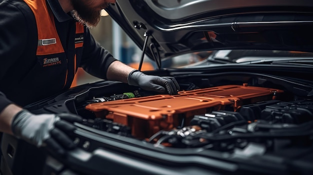 Foto grátis repararar a bateria de um carro elétrico com muita precisão