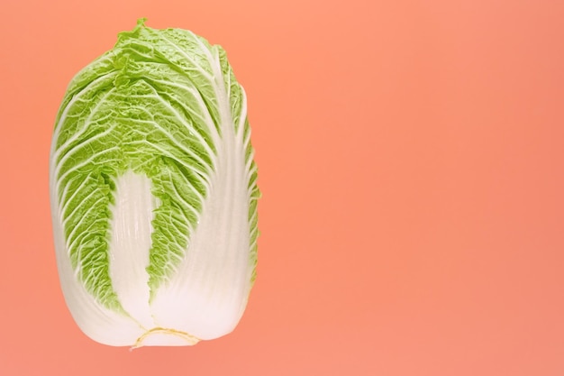 Foto grátis repolho chinês fresco isolado em fundo coral brilhante com espaço de cópia comida vegetariana de repolho japonês fresco