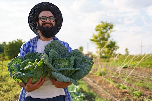 Repolho em conserva nas mãos de um fazendeiro sorridente. Agricultor de homem segurando repolho na folhagem verde. Conceito de colheita