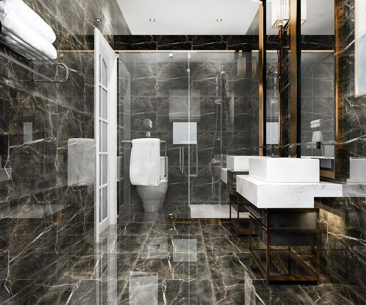 Foto grátis representação 3d de banheiro preto moderno com decoração de azulejos de luxo
