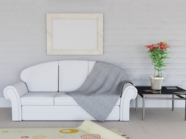 Foto grátis representação 3d de um quarto interior com moldura em branco na parede