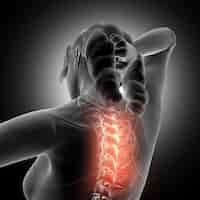 Foto grátis representação 3d de uma figura feminina segurando pescoço com coluna vertebral destacada