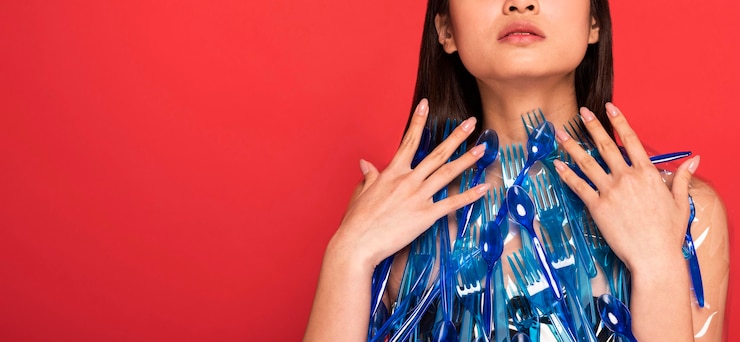 Foto grátis representação abstrata de resíduos de plástico azul na mulher com espaço de cópia