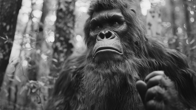 Representação em preto e branco de uma besta peluda sasquatch