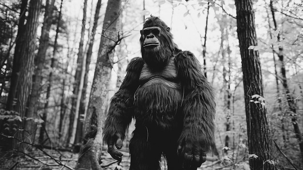 Representação em preto e branco de uma besta peluda sasquatch