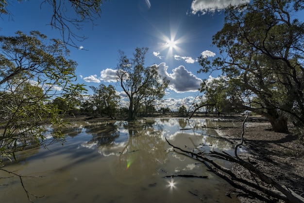 Reservatório de água temporário cercado por árvores baixas