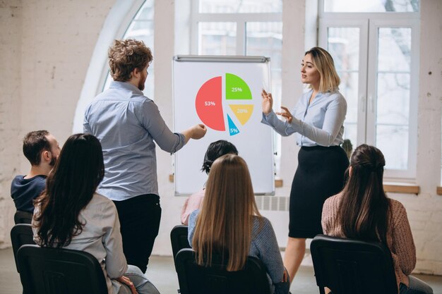 Responder. Alto-falante feminino dando apresentação no salão na oficina universitária. Auditório ou sala de conferências. Vista traseira de participantes não reconhecidos. Científico, evento de negócios, treinamento. Educação