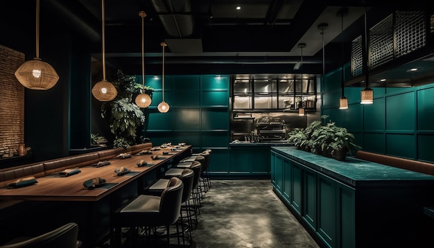 Restaurante com parede verde e mesa de madeira com fileira de mesas e floreira com planta ao fundo.