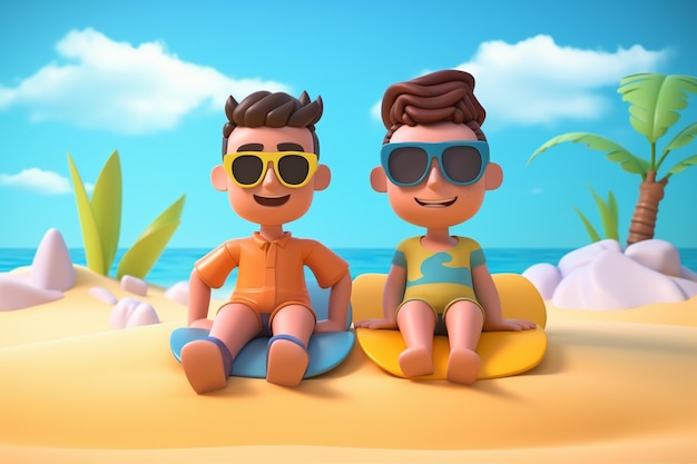 Retrato 3D de pessoas na praia