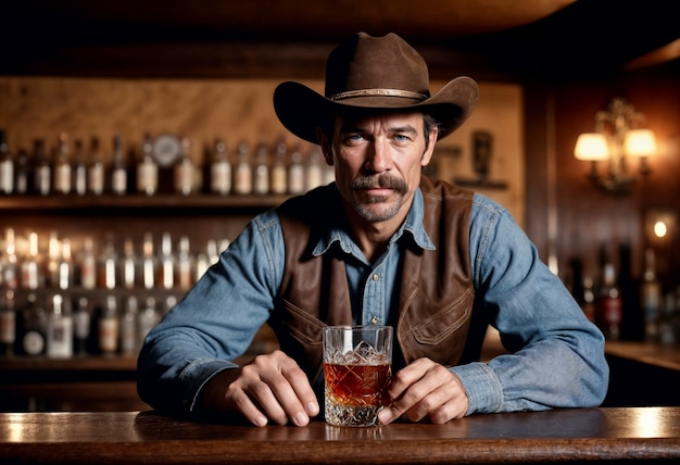 Retrato cinematográfico de um cowboy americano no oeste com chapéu