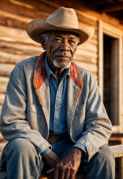 Retrato cinematográfico de um cowboy americano no oeste com chapéu