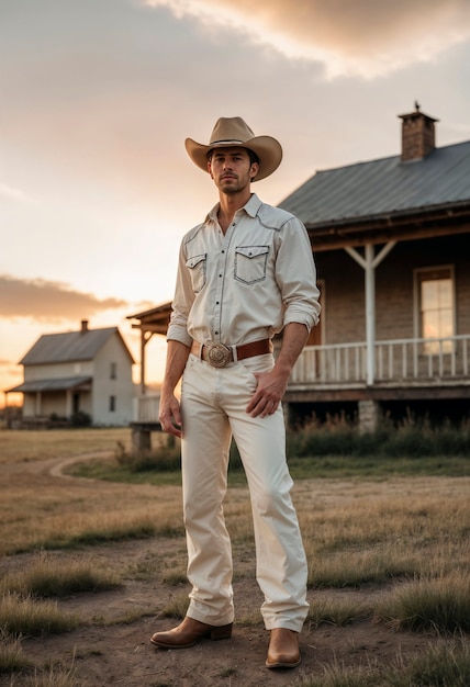 Retrato cinematográfico de um cowboy americano no oeste com chapéu