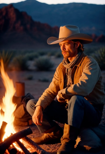 Retrato cinematográfico de um cowboy americano no oeste com chapéu