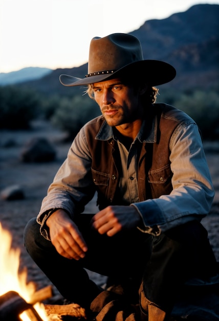 Foto grátis retrato cinematográfico de um cowboy americano no oeste com chapéu